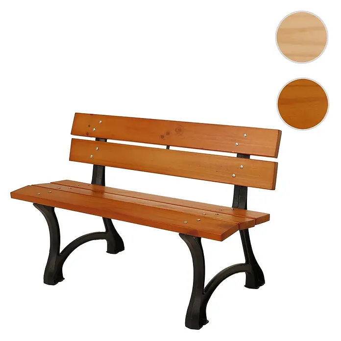 Proregal Gartenbank aus Holz - B x T x H: 125 x 59 x 78 cm, Hellbraun - Parkbank mit braunen Holzlatten und schwarzem Metallgestell.