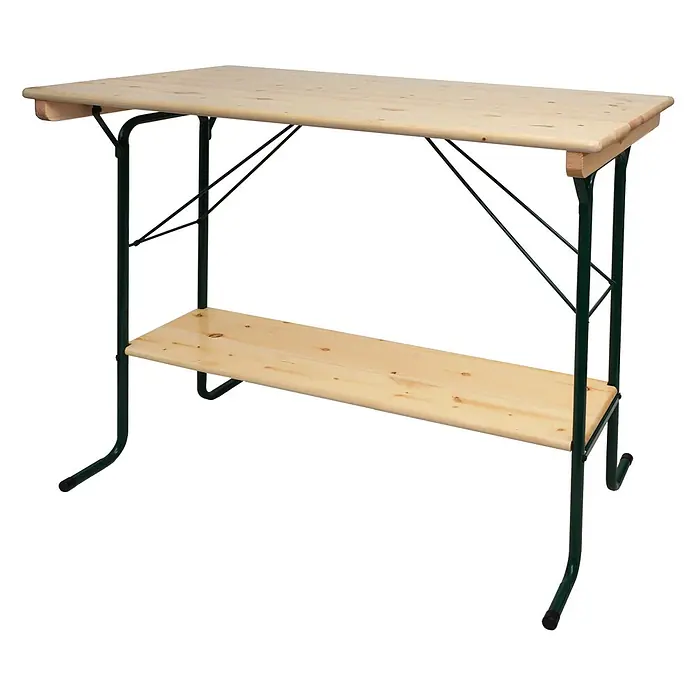 Proregal Garten-Stehtisch Biergartentisch - Eckig, Braun - Heller Holzklapptisch mit dunkelgrünem Metallgestell und unterer Ablage.