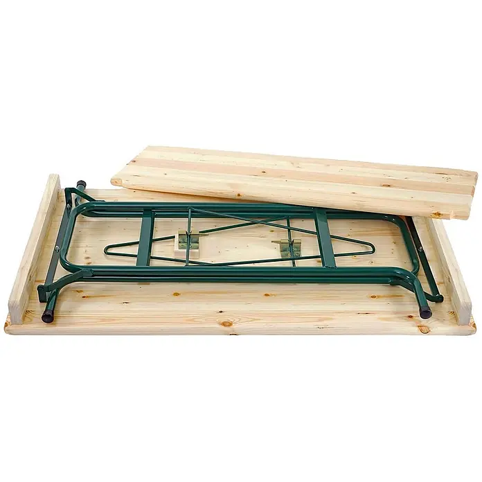 Proregal Garten-Stehtisch Biergartentisch - Eckig, Braun - Geklappter Biertisch aus Holz mit dunkelgrünem Metallgestell und eine passende Bierbankplatte daneben.