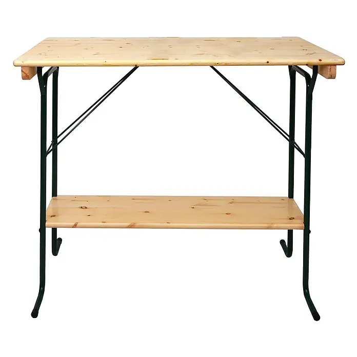 Proregal Garten-Stehtisch Biergartentisch - Eckig, Braun - Klappbarer Tisch aus hellem Holz mit Ablage, getragen von einem dunkelgrünen Metallgestell.