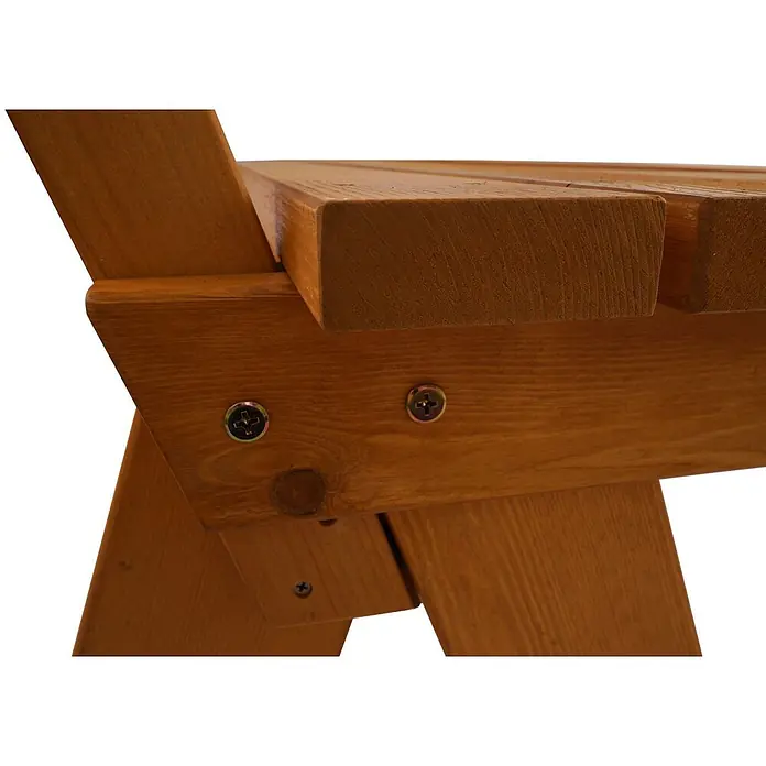 Proregal Gartenbank aus Holz - B x T x H: 148 x 54 x 86 cm, Honigfarben - Nahaufnahme eines hellbraunen Holzmöbel-Details, das zwei Bretter mit metallischen Kreuzschlitzschrauben verbindet.