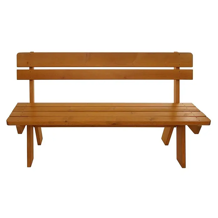 Proregal Gartenbank aus Holz - B x T x H: 148 x 54 x 86 cm, Honigfarben - Eine rustikale braune Holzbank mit Lattenrostsitz und Rückenlehne.