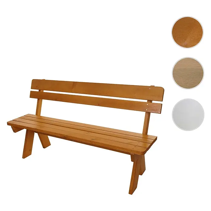 Proregal Gartenbank aus Holz - B x T x H: 148 x 54 x 86 cm, Honigfarben - Braune Holzbank mit Lattenrost. Verschiedene Holzoberflächen-Optionen sind abgebildet.