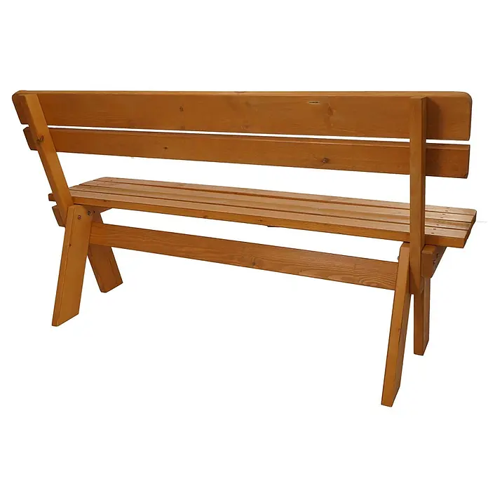 Proregal Gartenbank aus Holz - B x T x H: 148 x 54 x 86 cm, Honigfarben - Hellbraune Holzbank mit Lattenrostsitz und Rückenlehne, von hinten links gesehen.