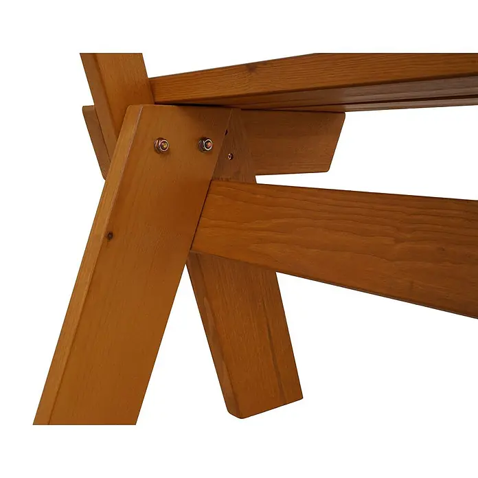 Proregal Gartenbank aus Holz - B x T x H: 148 x 54 x 86 cm, Honigfarben - Detail einer hellbraunen Holzmöbelkonstruktion mit verschraubten Brettern.