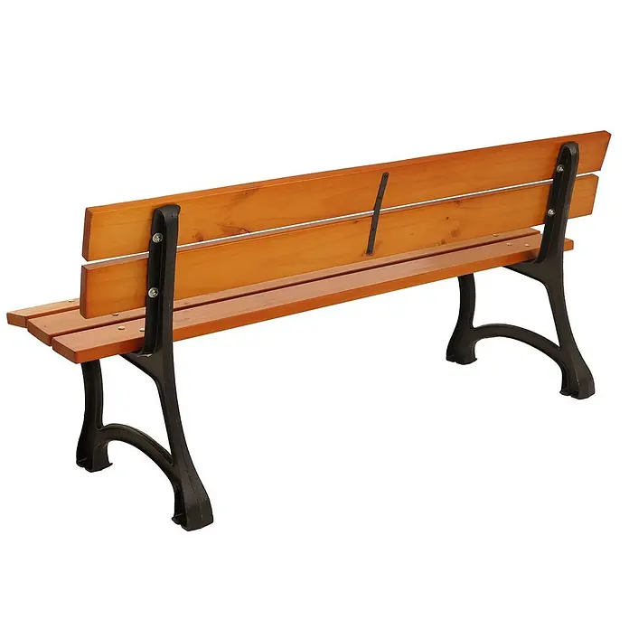 Proregal Gartenbank aus Holz - B x T x H: 170 x 62 x 78 cm, Teak - Eine robuste Parkbank mit hellbraunen Holzlatten und dunklen, dekorativen Gusseisenbeinen und Rückenstützen, für den Außenbereich.