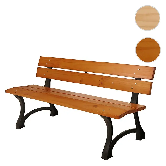 Proregal Gartenbank aus Holz - B x T x H: 170 x 62 x 78 cm, Teak - Holzparkbank mit schwarzen Metallbeinen, gezeigt mit hellen und dunklen Holzoberflächen.