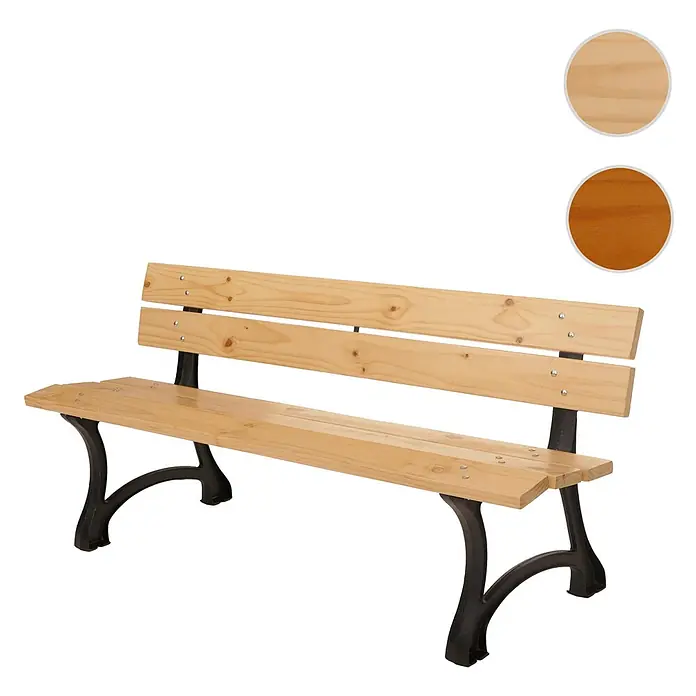 Proregal Gartenbank aus Holz - B x T x H: 170 x 62 x 78 cm, Teak - Hölzerne Parkbank mit schwarzen Metallbeinen, gezeigt mit hellem Holz und einer dunkleren Holzfarboption.