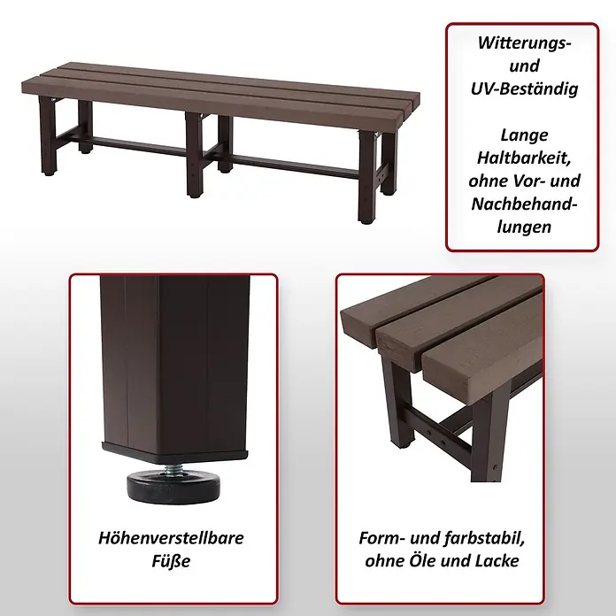 Proregal Gartenbank wetterfest WPC - Aluminium, Braun - Lange braune Lattenbank für draußen mit stabilem Gestell und verstellbaren Füßen.