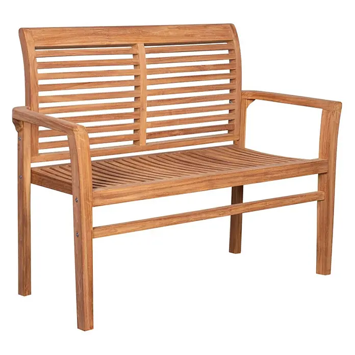 Bene Living Gartenbank Derby - B x T x H: 120 x 48 x 89 cm, Teakholz, Natur, Stapelbar - Zweisitzige Gartenbank aus hellem Teakholz mit Lattenrückenlehne und Sitzfläche.