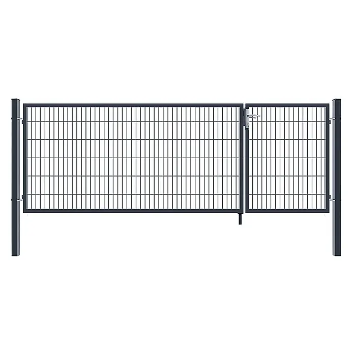 Home Deluxe Gartentor ADITUS - 350 x 140 cm, Anthrazit, Stahl - Dunkelgraues Metallgitter-Zauntor-System mit zwei Paneelen: ein großes festes, ein kleineres schwenkbares mit Griff, gestützt von Pfosten.