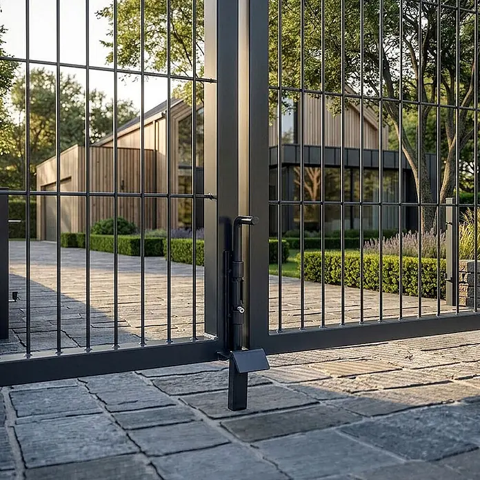 Home Deluxe Gartentor ADITUS - 350 x 140 cm, Anthrazit, Stahl - Schwarzer Metall-Torriegel sichert ein modernes Tor auf einer gepflasterten Auffahrt.