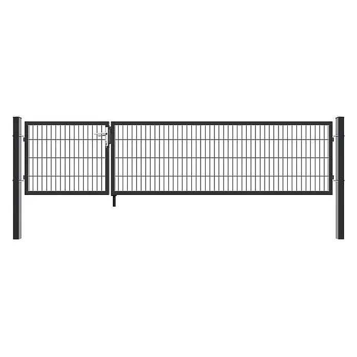 Home Deluxe Gartentor ADITUS - 350 x 140 cm, Anthrazit, Stahl - Dunkelgraues Metall-Doppelflügel-Gartentor mit Gitterdesign, bestehend aus einem kleinen Tor und einem festen Zaunelement, mit Pfosten.