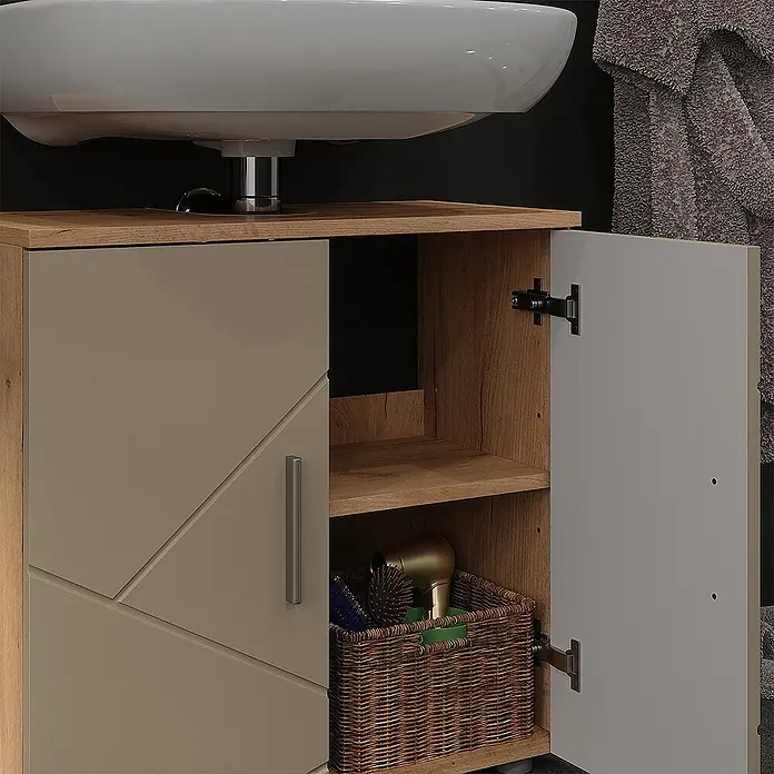 Vicco Badmöbel-Set Irma Beige 2 Teile - Beige, Matt - Badezimmerschrank mit Waschbecken, heller Holzplatte und zweifarbigen Türen. Offener Schrank zeigt Stauraum.