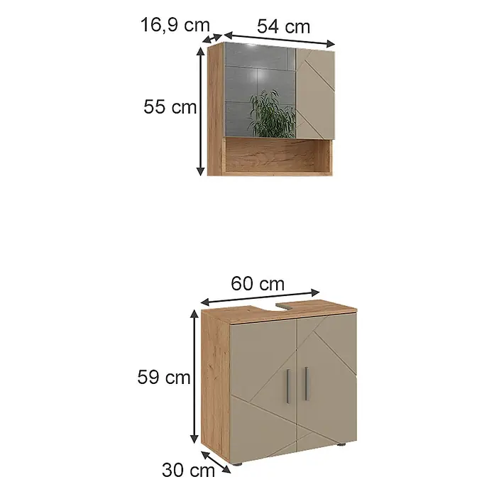 Vicco Badmöbel-Set Irma Beige 2 Teile - Beige, Matt - Zwei Badschränke aus hellem Holzdekor mit beigen Fronten und geometrischem Muster. Ein Spiegelschrank mit Regal und ein Waschbeckenunterschrank mit zwei Türen.