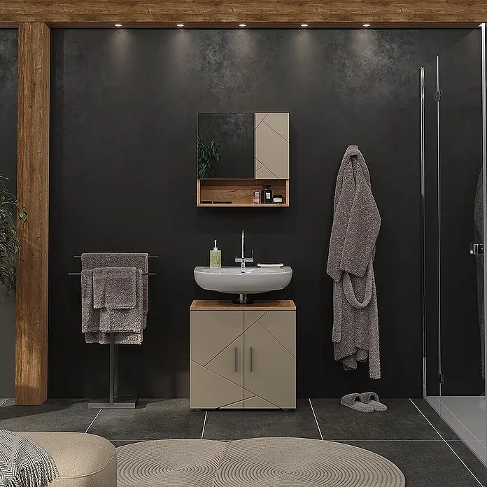 Vicco Badmöbel-Set Irma Beige 2 Teile - Beige, Matt - Modernes Badezimmer mit beigem Waschtisch, weißem Aufsatzwaschbecken und passendem Spiegelschrank, in einem Badezimmer mit dunklen Wänden.