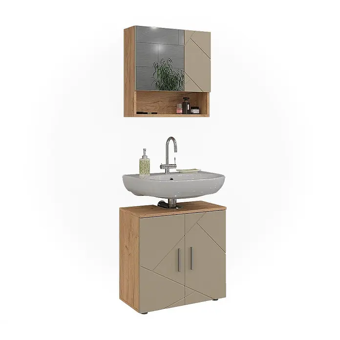 Vicco Badmöbel-Set Irma Beige 2 Teile - Beige, Matt - Badezimmermöbel-Set: Holzoptik und beige geometrische Schrank mit Spiegel, Regal und Waschbecken mit Chromarmatur.