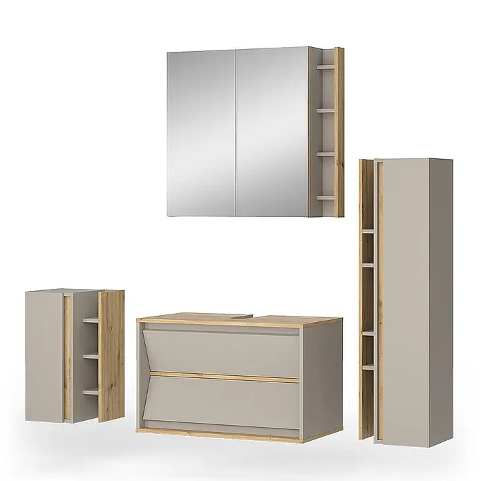 Vicco Badmöbel-Set Edelin Cashmere 4 Teile - Cashmere, Matt - Badezimmermöbel-Set in Hellgrau und Naturholz, bestehend aus Spiegelschrank, Waschtischunterschrank und Seitenschränken.