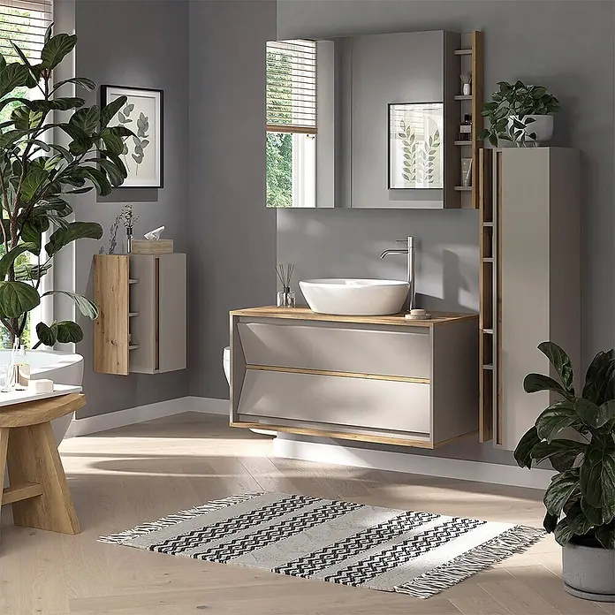 Vicco Badmöbel-Set Edelin Cashmere 2 Teile - Cashmere, Matt - Moderne graue Badmöbel mit Holzplatte und weißem Aufsatzwaschbecken, umgeben von passenden Schränken.
