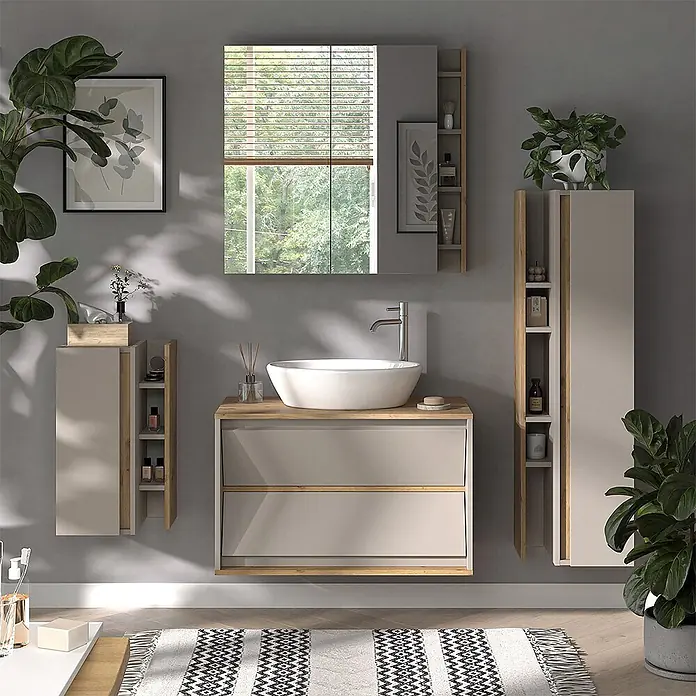 Vicco Badmöbel-Set Edelin Cashmere 4 Teile - Cashmere, Matt - Moderne hellgraue Badmöbel mit Holzdetails, weißem Waschbecken, passendem Spiegel und Hochschränken.