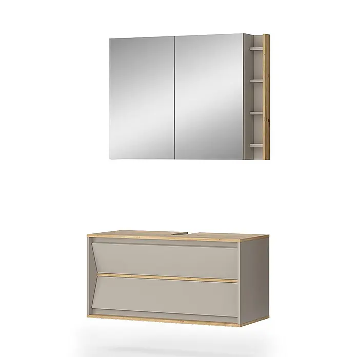 Vicco Badmöbel-Set Edelin Cashmere 2 Teile - Cashmere, Matt - Badezimmerset in Hellholz und Hellgrau mit Spiegelschrank, offenen Regalen und schwebendem Waschtischunterschrank mit zwei Schubladen.