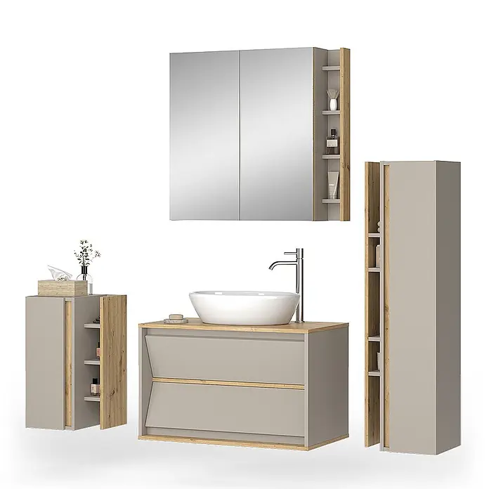 Vicco Badmöbel-Set Edelin Cashmere 4 Teile - Cashmere, Matt - Modernes hellgraues Badezimmermöbel-Set mit Holzdetails: Waschtisch, Aufsatzwaschbecken, Spiegelschrank und Stauraumschränke.