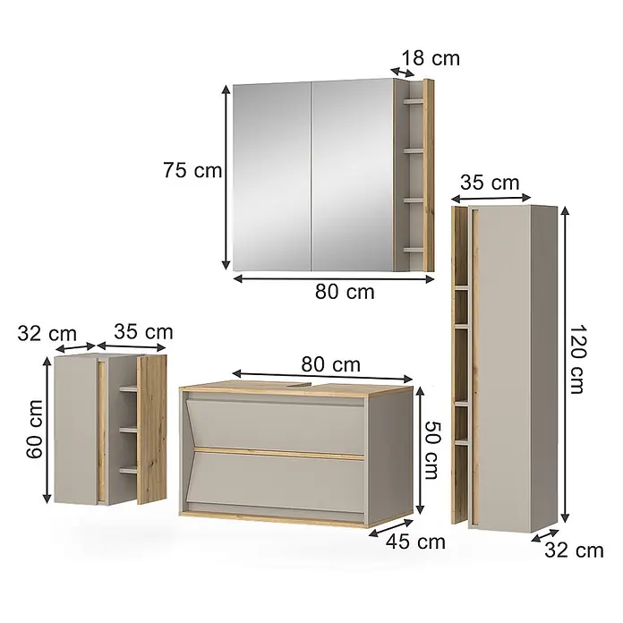 Vicco Badmöbel-Set Edelin Cashmere 4 Teile - Cashmere, Matt - Hellgraues Badmöbel-Set in Holzoptik: Spiegelschrank, Waschtischunterschrank und Aufbewahrungsschränke mit Maßen.