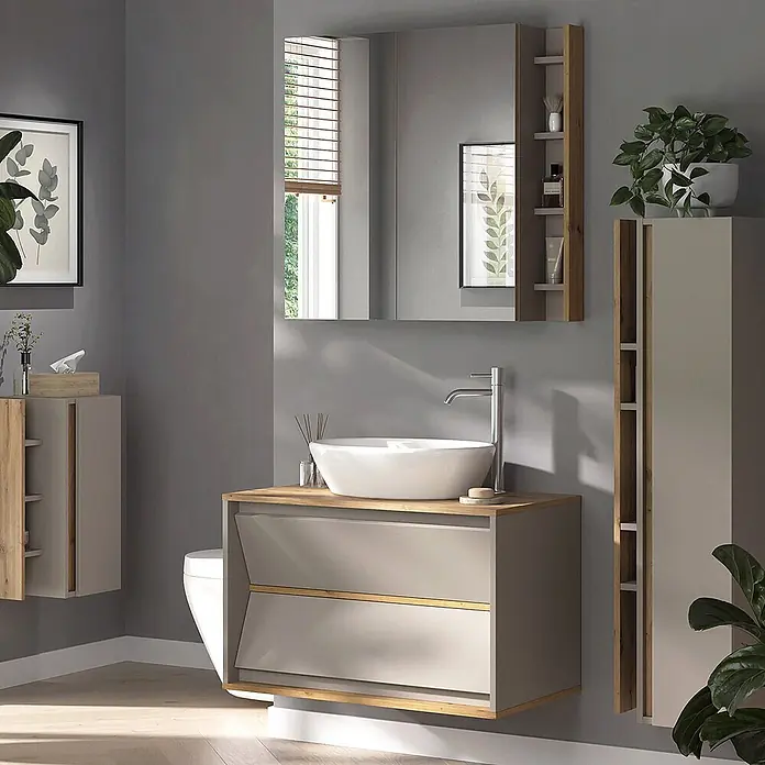 Vicco Badmöbel-Set Edelin Cashmere 4 Teile - Cashmere, Matt - Modernes graues Badezimmermöbel mit Holzdetails, weißem Keramikwaschbecken und passendem Spiegelschrank mit Regalen.