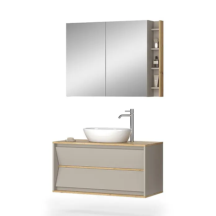 Vicco Badmöbel-Set Edelin Cashmere 2 Teile - Cashmere, Matt - Schwebender hellgrauer Badunterschrank mit Holzplatte, weißem Aufsatzwaschbecken, Chromarmatur und Spiegelschrank mit offenen Holzregalen.