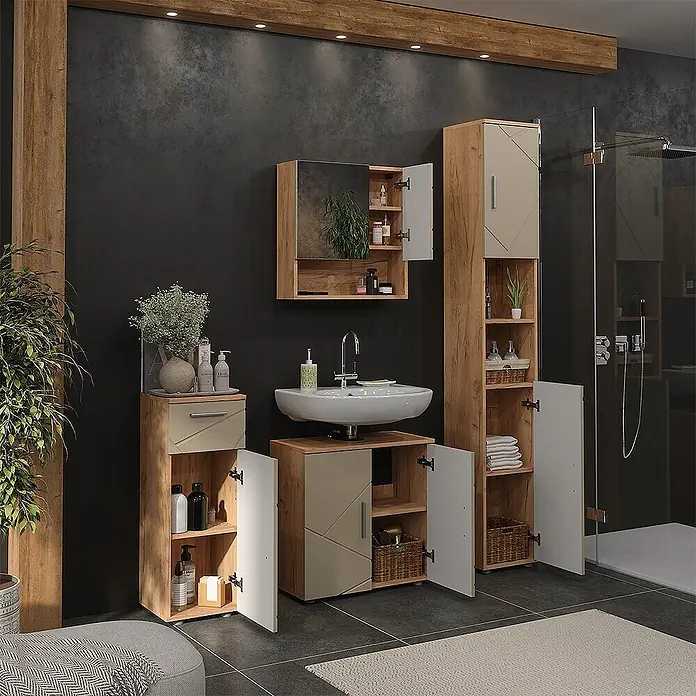 Vicco Badmöbel-Set Irma Beige 4 Teile - Gesamtbreite Badmöbel: 120 cm, Beige, Matt - Modernes Badmöbelset in Holzoptik mit hellbeigen Fronten, inklusive Spiegelschrank, Waschbecken und Aufbewahrungsschränken.