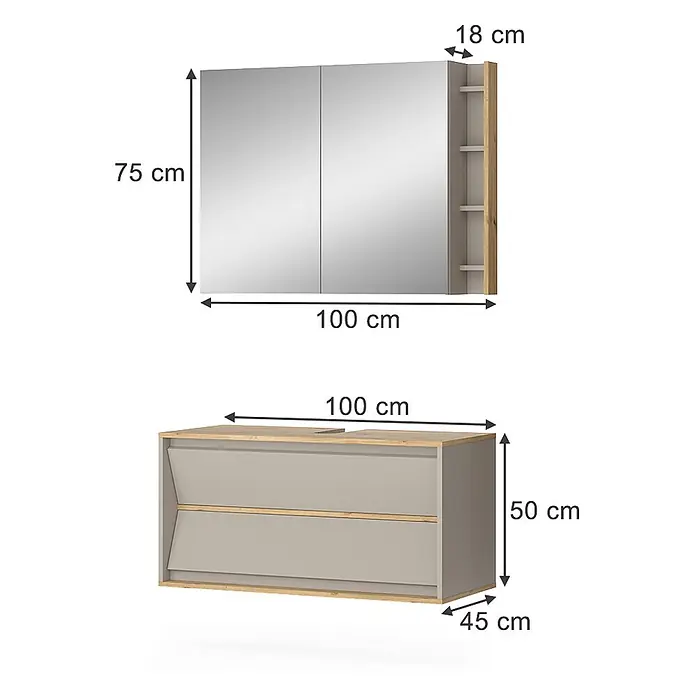 Vicco Badmöbel-Set Edelin Cashmere 2 Teile - Cashmere, Matt - Badezimmermöbel-Set: Hellgrauer Unterschrank mit Holzdetails und zwei Schubladen, dazu ein Spiegelschrank mit offenen Regalen.
