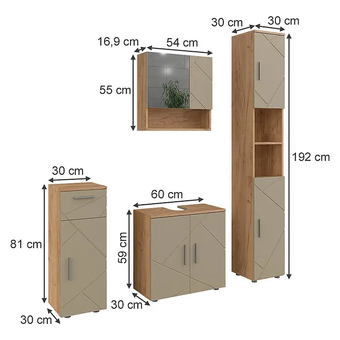 Vicco Badmöbel-Set Irma Beige 4 Teile - Gesamtbreite Badmöbel: 120 cm, Beige, Matt - Modernes 4-teiliges Badmöbel-Set in Holzoptik und Beige, inkl. Spiegelschrank, Hochschrank, Waschtischunterschrank und Kommode mit Maßen.
