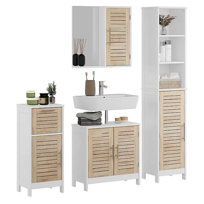 Vicco Badmöbel-Set Looma Weiß/Eiche 4 Teile - Gesamtbreite Badmöbel: 130 cm, Weiß, Matt - Weißes Badmöbel-Set mit hellen Holzlamellentüren, bestehend aus Waschtisch, Hochschrank und Spiegelschrank.