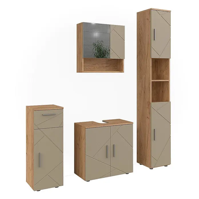 Vicco Badmöbel-Set Irma Beige 4 Teile - Gesamtbreite Badmöbel: 120 cm, Beige, Matt - Modernes Badmöbel-Set: Holzoptik-Schränke mit hellbeigen, geometrischen Fronten, inkl. Spiegelschrank und Stauraum.
