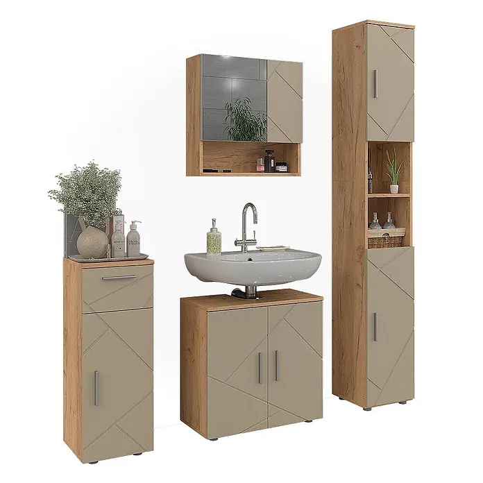 Vicco Badmöbel-Set Irma Beige 4 Teile - Gesamtbreite Badmöbel: 120 cm, Beige, Matt - Badezimmermöbel-Set mit Waschtisch, Hochschrank und Spiegelschrank. Mit Holzoptik und hellbeigen Platten mit geometrischen Mustern.