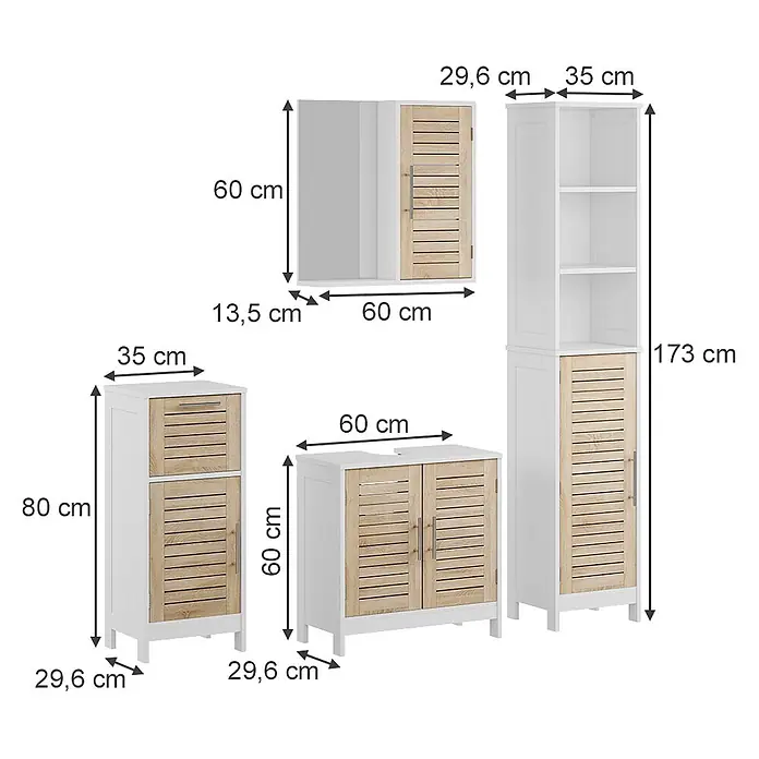 Vicco Badmöbel-Set Looma Weiß/Eiche 4 Teile - Gesamtbreite Badmöbel: 130 cm, Weiß, Matt - Weißes Badmöbel-Set mit lamellenartigen Türen und Schubladen in heller Holzoptik, verschiedene Schranktypen.