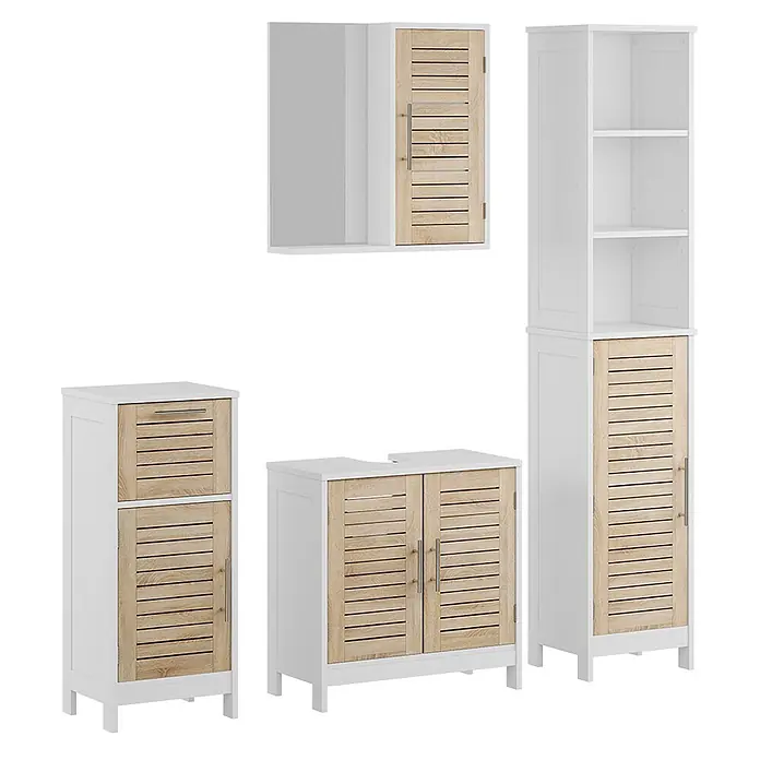Vicco Badmöbel-Set Looma Weiß/Eiche 4 Teile - Gesamtbreite Badmöbel: 130 cm, Weiß, Matt - Weißes Badmöbelset mit naturholzfarbenen Lamellenfronten: Spiegelschrank, Hochschrank, Waschtischunterschrank, Kommode.