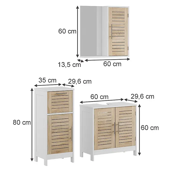 Vicco Badmöbel-Set Looma Weiß/Eiche 3 Teile - Gesamtbreite Badmöbel: 95 cm, Weiß, Matt - Badmöbel-Set: weißer Wandschrank, Hochschrank und Waschtischunterschrank mit naturholzfarbenen Lamellentüren.