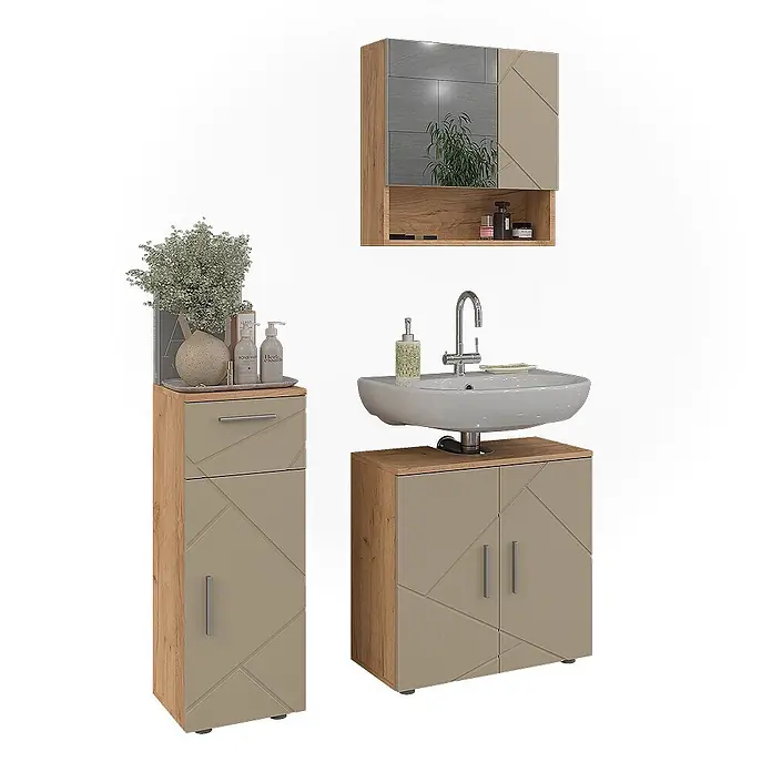 Vicco Badmöbel-Set Irma Beige 3 Teile - Gesamtbreite Badmöbel: 90 cm, Beige, Matt - Badezimmermöbel-Set in Holzoptik und Hellgrau mit geometrischen Mustern, bestehend aus Spiegelschrank, Waschtischunterschrank und Hochschrank.