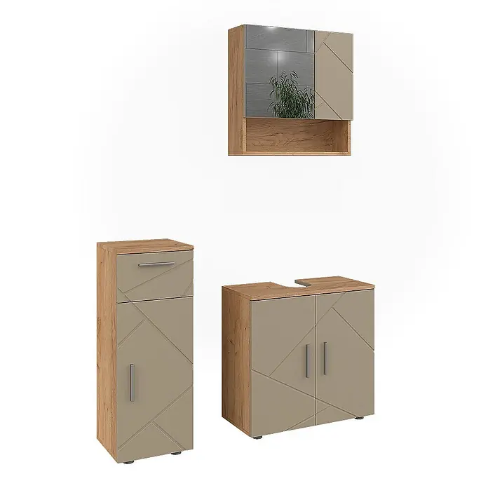Vicco Badmöbel-Set Irma Beige 3 Teile - Gesamtbreite Badmöbel: 90 cm, Beige, Matt - Badezimmermöbel-Set aus hellem Holz und beigen Fronten mit Geometrie: Wandschrank mit Spiegel, Hochschrank, Waschbeckenunterschrank.