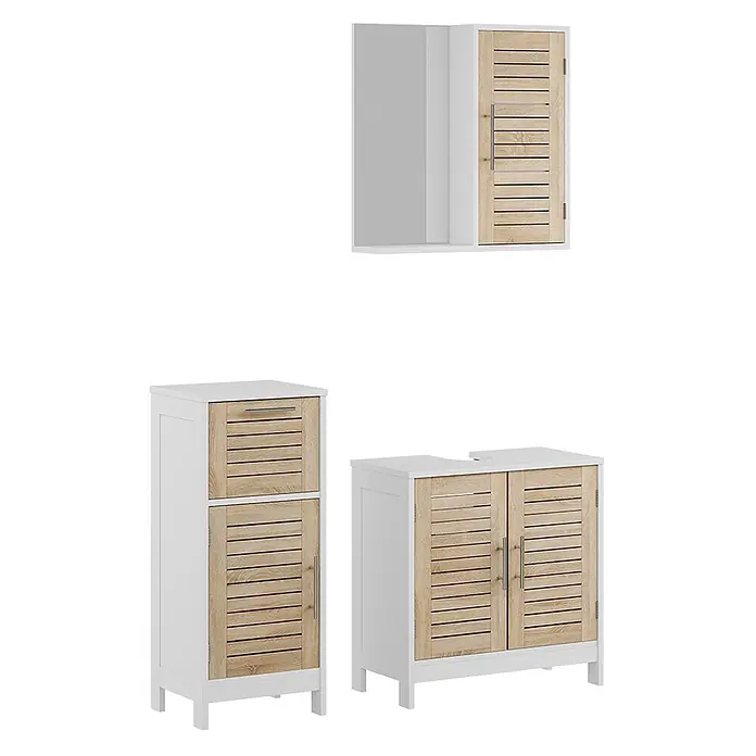 Vicco Badmöbel-Set Looma Weiß/Eiche 3 Teile - Gesamtbreite Badmöbel: 95 cm, Weiß, Matt - Drei weiße Badschränke mit hellen Holzlamellenfronten. Bestehend aus Spiegelschrank, Hochschrank und Waschtischunterschrank.