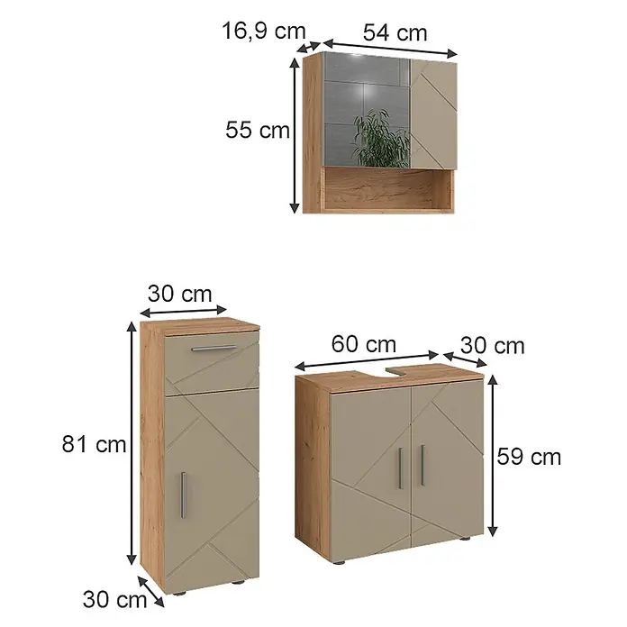 Vicco Badmöbel-Set Irma Beige 3 Teile - Gesamtbreite Badmöbel: 90 cm, Beige, Matt - Drei moderne Badmöbel: Hängeschrank, Hochschrank und Waschtischunterschrank. Helle Fronten mit geometrischem Muster, Holzoptik-Akzente.