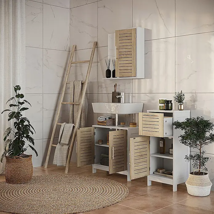 Vicco Badmöbel-Set Looma Weiß/Eiche 3 Teile - Gesamtbreite Badmöbel: 95 cm, Weiß, Matt - Weiße Badezimmerschränke mit hellen Holzlamellentüren, bestehend aus Wandschrank, Waschtischunterschrank und Hochschrank.
