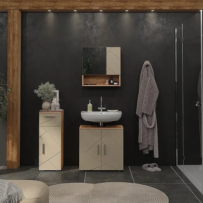 Vicco Badmöbel-Set Irma Beige 3 Teile - Gesamtbreite Badmöbel: 90 cm, Beige, Matt - Moderne beigefarbene Badschränke mit geometrischem Muster und Holzdetails, in einem dunklen Badezimmer.