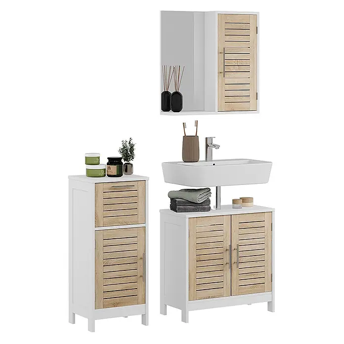 Vicco Badmöbel-Set Looma Weiß/Eiche 3 Teile - Gesamtbreite Badmöbel: 95 cm, Weiß, Matt - Weißes Badmöbelset mit hellen Holzlamellentüren: ein Spiegelschrank, ein Hochschrank und ein Waschtischunterschrank mit Waschbecken.