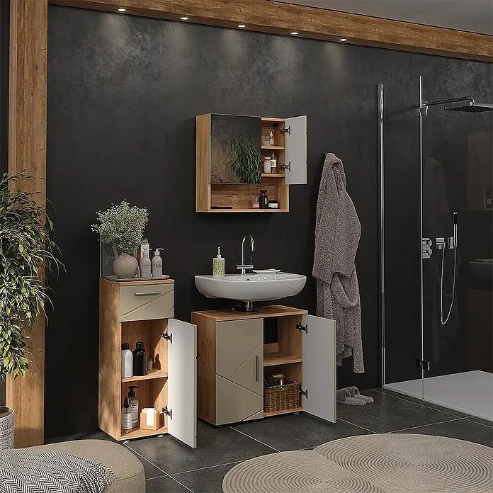 Vicco Badmöbel-Set Irma Beige 3 Teile - Gesamtbreite Badmöbel: 90 cm, Beige, Matt - Modernes Badmöbelset aus hellem Holz und beigen Akzenten, mit Waschtischunterschrank, Hochschrank und Spiegelschrank.