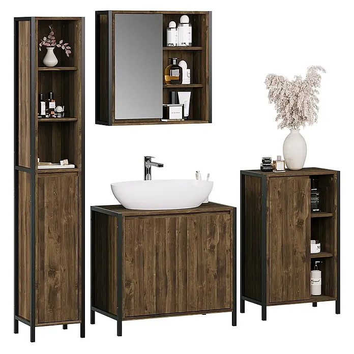 Vicco Badmöbel-Set Naola Eiche/Schwarz 4 Teile - Eiche, Matt - Badezimmermöbel-Set in dunkler Holzoptik und schwarzem Metall: Hochschrank, Spiegelschrank, Waschtisch mit Waschbecken und Seitenschrank.