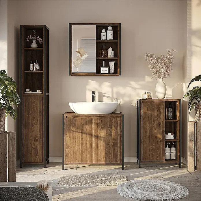 Vicco Badmöbel-Set Naola Eiche/Schwarz 3 Teile - Eiche, Matt - Komplettes Badmöbel-Set aus dunklen Holzschränken mit schwarzen Metallrahmen, bestehend aus Waschtisch, Hochschrank, Seitenschrank und Spiegelschrank.