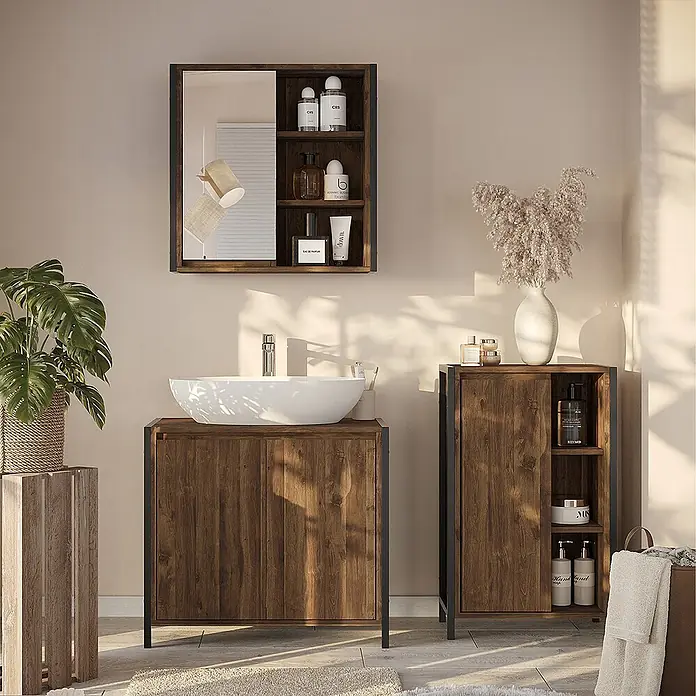Vicco Badmöbel-Set Naola Eiche/Schwarz 3 Teile - Eiche, Matt - Modernes Badmöbelset aus dunklem Holz mit Spiegelschrank, Waschtischunterschrank und Beistellschrank, mit schwarzen Metallrahmen und weißem Waschbecken.