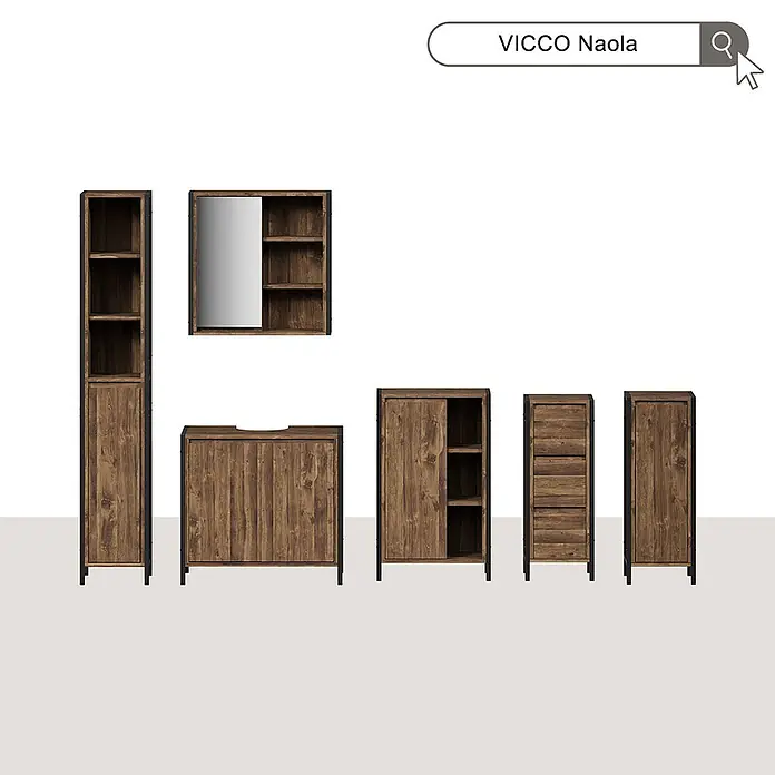 Vicco Badmöbel-Set Naola Eiche/Schwarz 3 Teile - Eiche, Matt - VICCO Naola Badmöbel-Set in dunkler Holzoptik mit schwarzen Rahmen, inkl. Waschtischunterschrank, Spiegelschrank und verschiedenen Stauraumschränken.